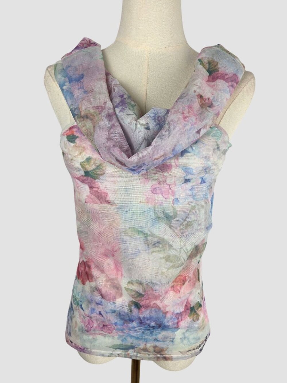 Amanda Uprichard Top XS Watercolor‎ Floral Mesh Cowl Neck Blouse Ethereal Fairy